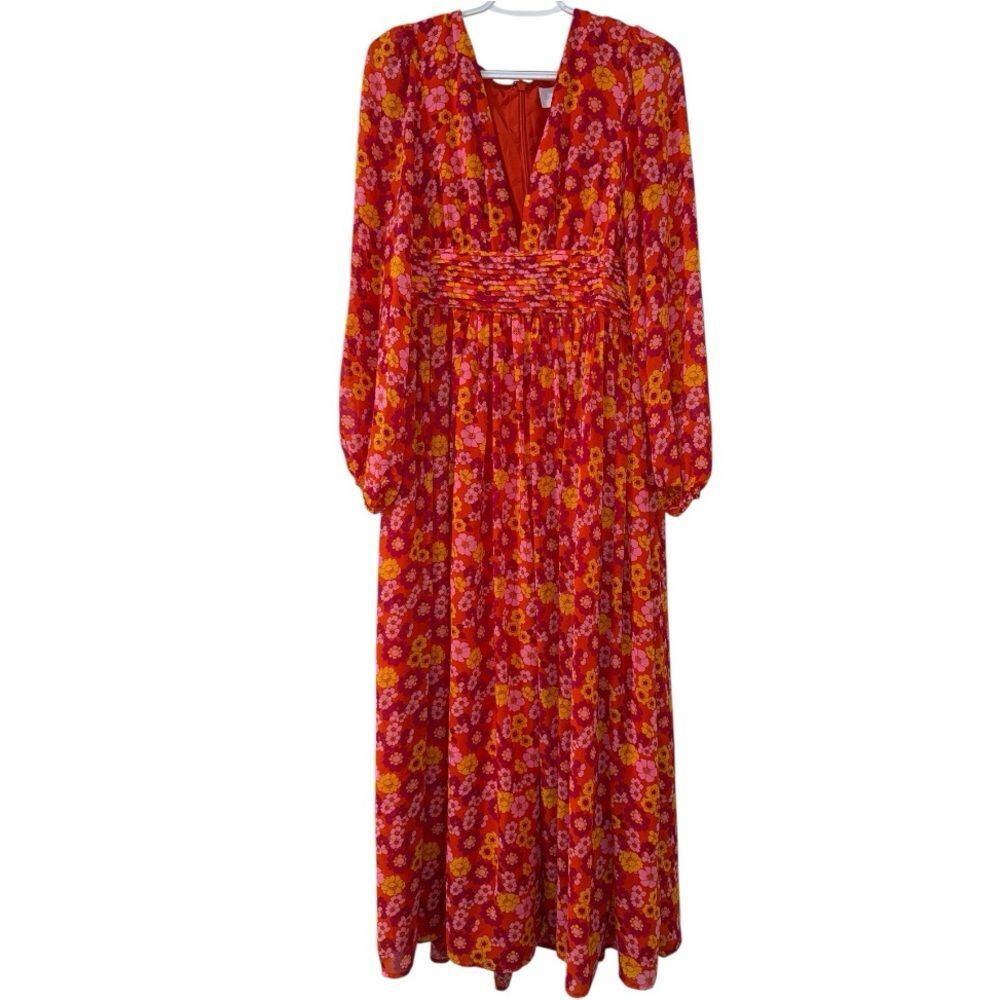 SUGARLIPS Kitt Pleated Waist Long Dress Orange- Magenta Large